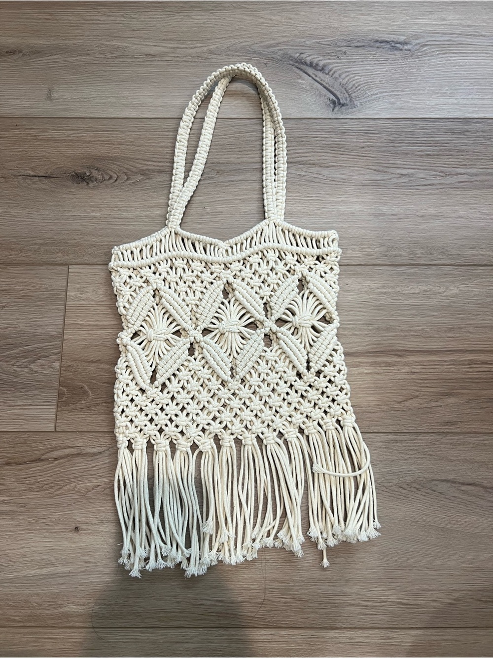 Macramé Fringe Tote Bag Purse in Ivory Cream